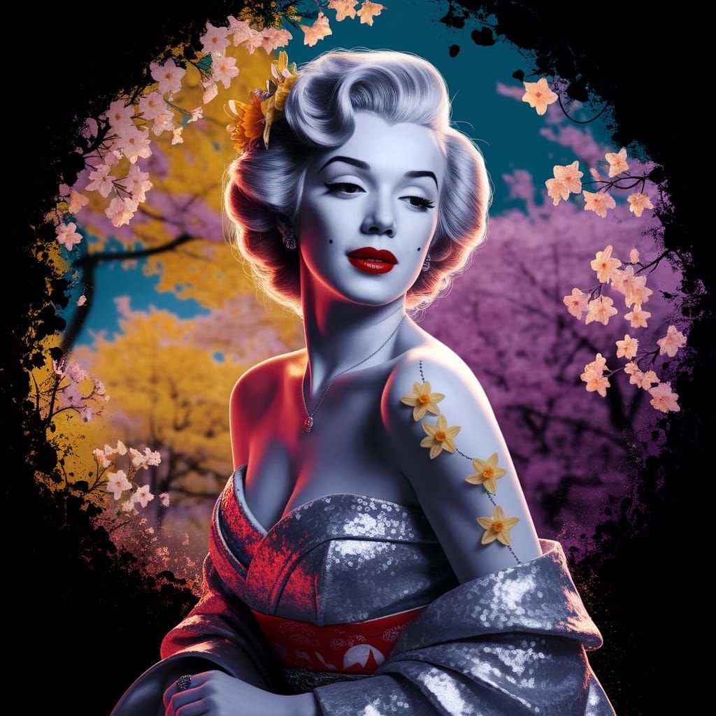 Marilyn Monroe as Geisha: Realistic Portrait with Daffodil T...