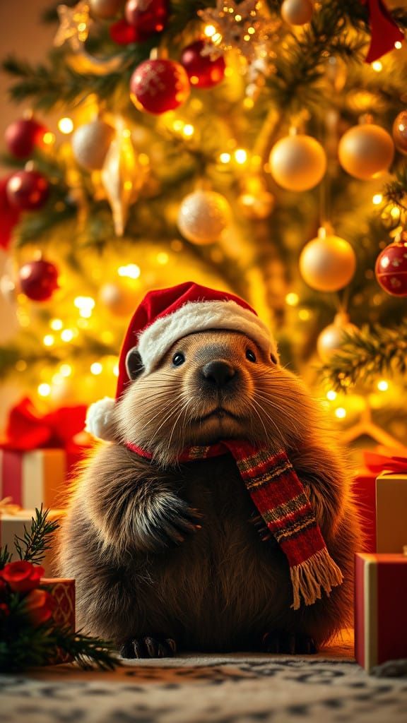 Magical Christmas Beaver Under Sparkling Tree