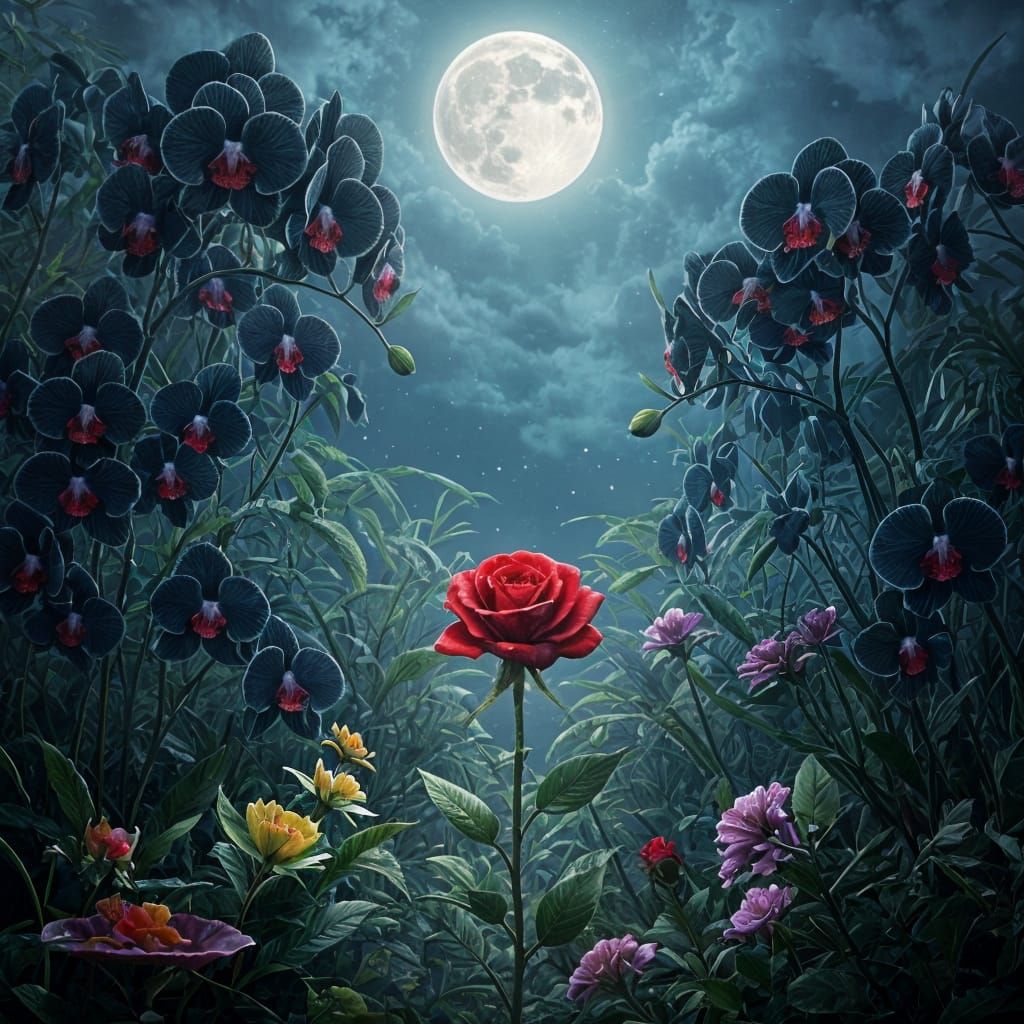 Enchanted Summer Garden of Black Orchids and a Lone Red Rose