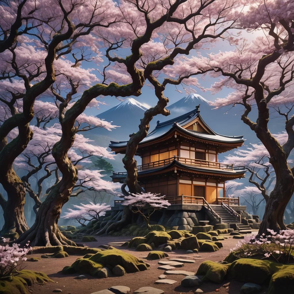 Serene Japanese Architecture in Mystical Forest