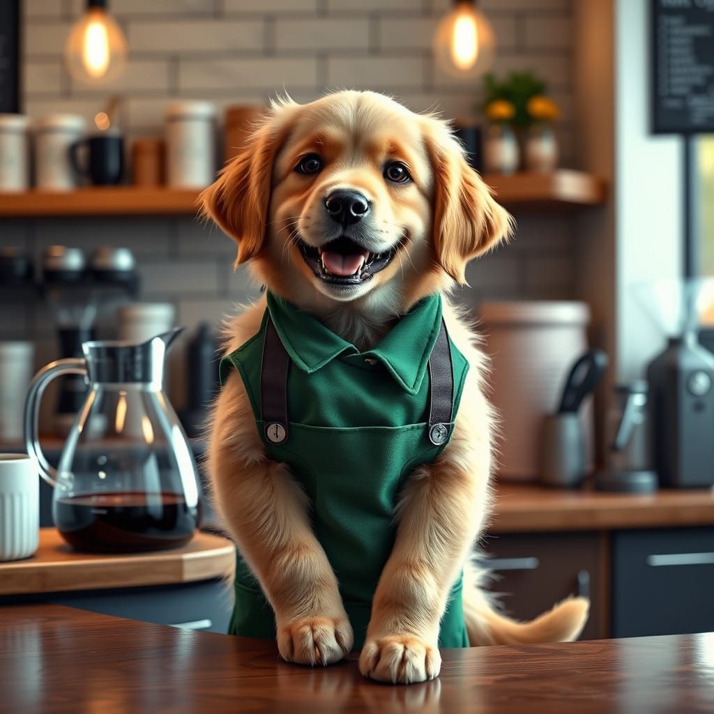 Cute Puppy in Barista Uniform, 8K Hyperreal Cafe Scene