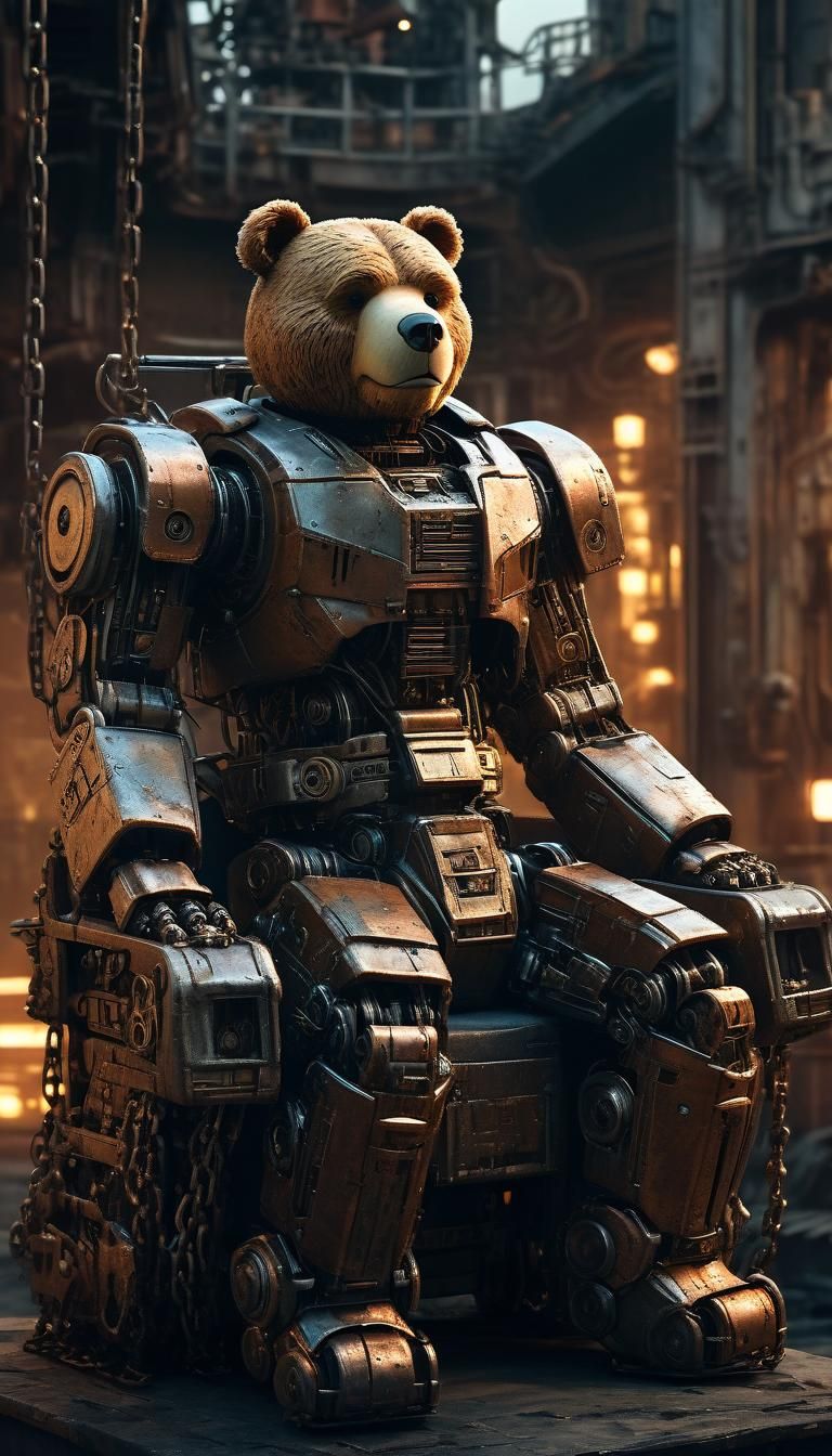 Mecha Teddy bear with a Mecha head and face Epic cinematic brilliant stunning intricate meticulously detailed dramatic a...