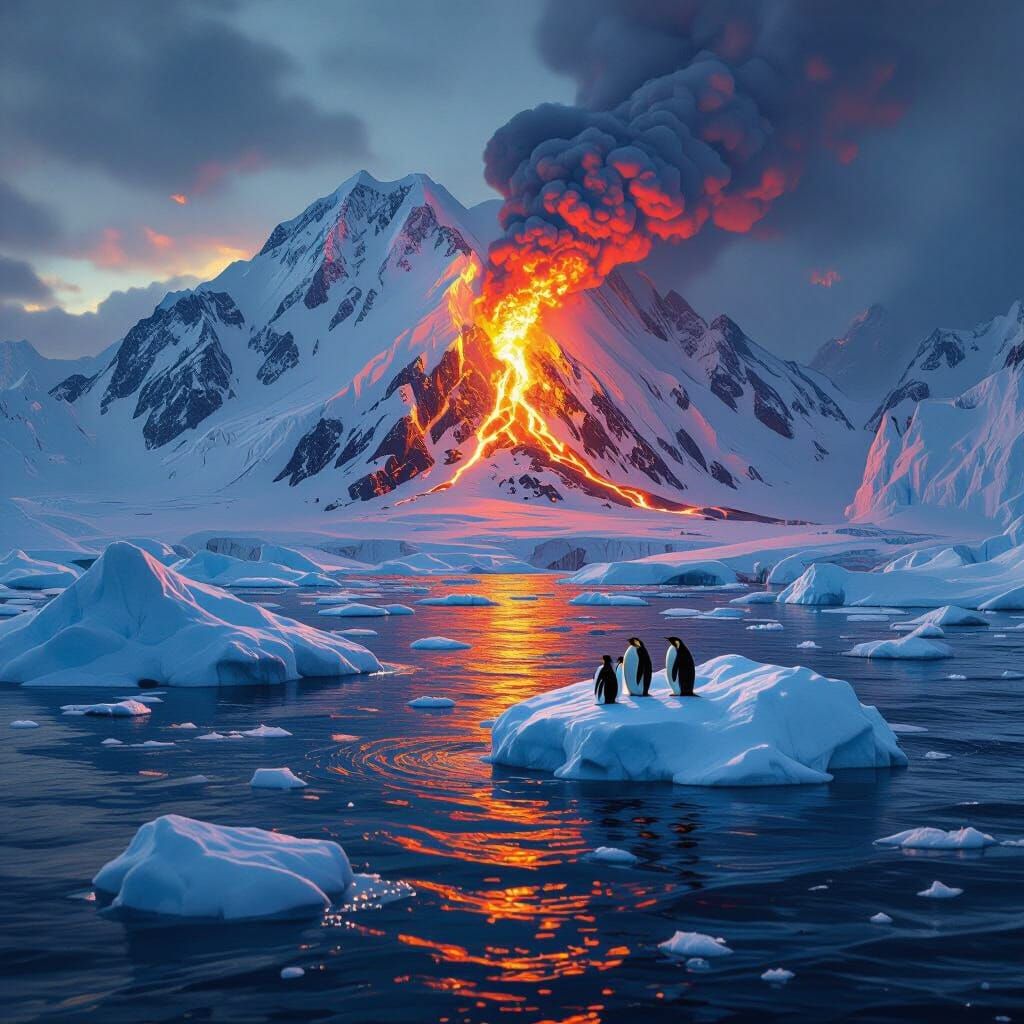 Volcano Erupts Over Polar Glaciers with Penguin Iceberg