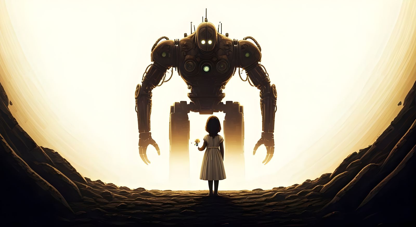 Girl and Robot: Etching-Style Ominous Encounter