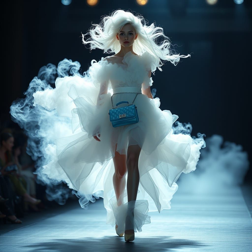 Ethereal Cloud Woman on Runway in Fashion Photography Style