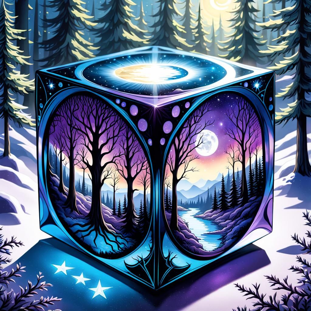 Glass Cube in Gothic Watercolor Winter Forest