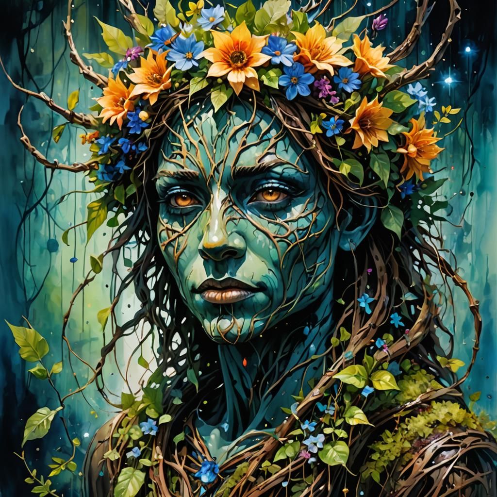 Bioluminescent Root Creature with Flowers, Watercolor Style