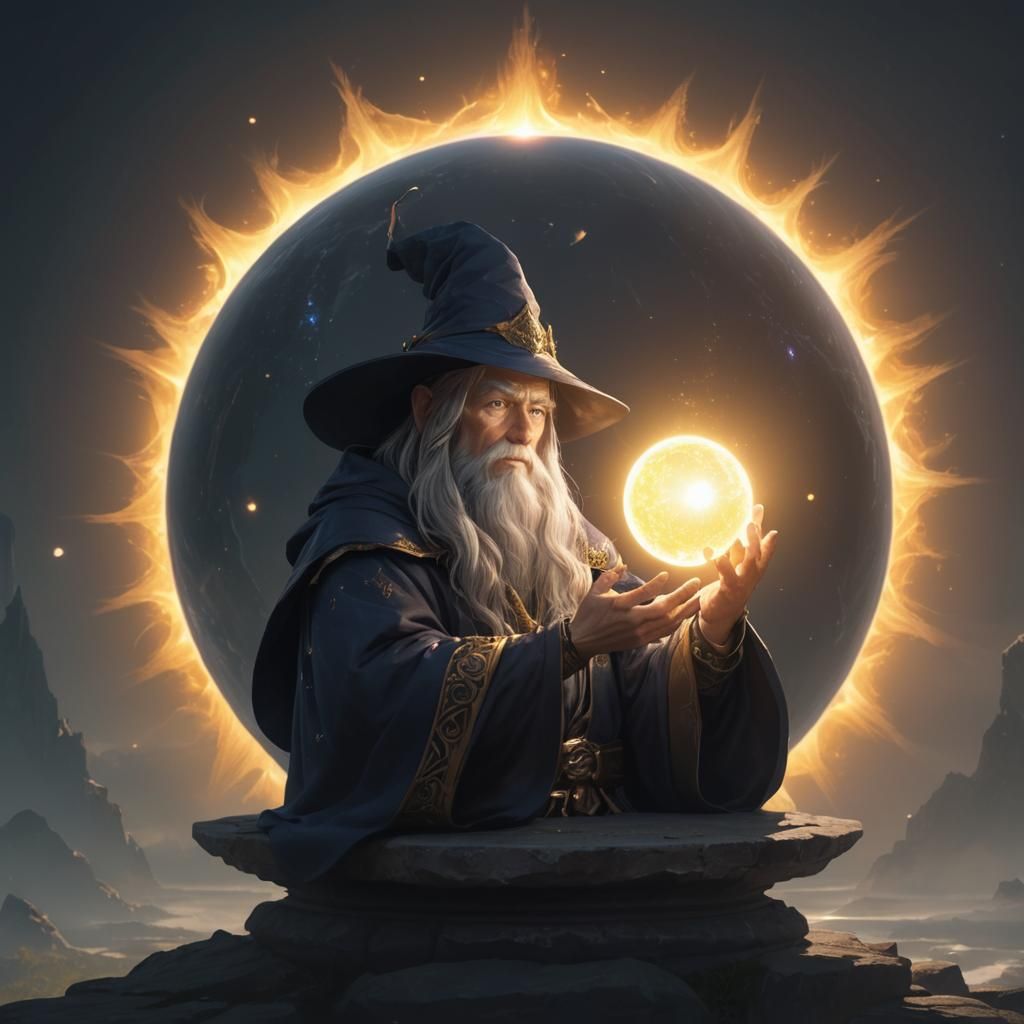 Wizard Ponders Sun Orb: 3D Anime Art