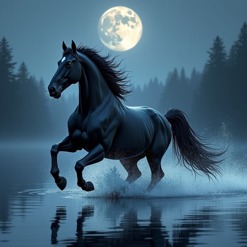 Majestic Black Horse Galloping on Moonlit Lake