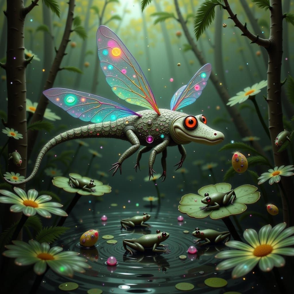 Whimsical Alligator-Dragonfly Hybrid in Dreamlike Swamp