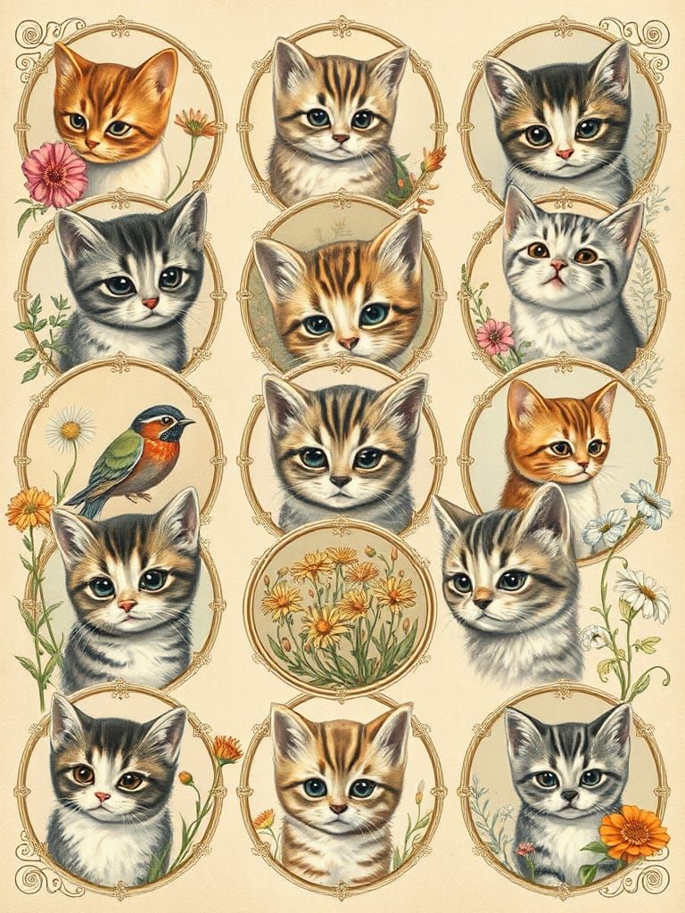 Botanical Kitten Labels in Vintage Style