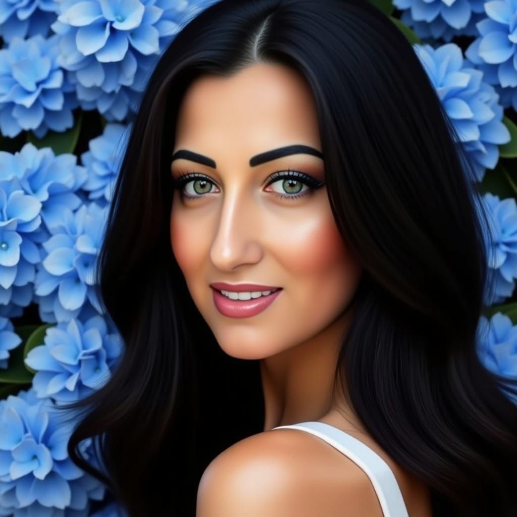 Hyperrealistic Woman with Hydrangeas in Film Photography Sty...