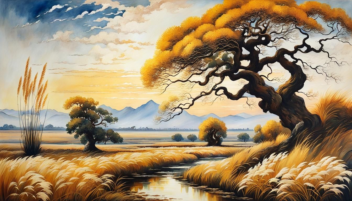 Majestic Tree in Golden Field: Vintage Illustration