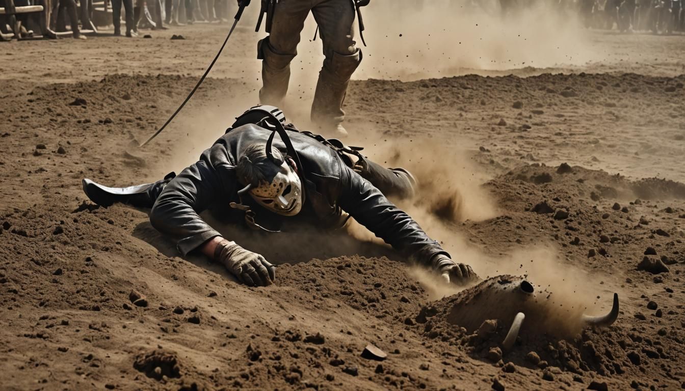 Leatherface Trampled by Bull in Dusty Action Photo