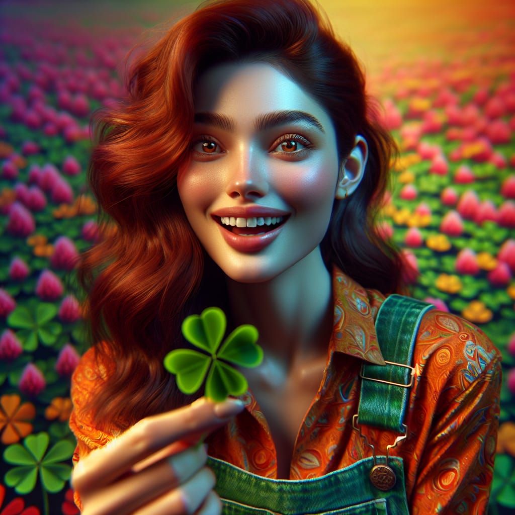 Happy Woman Holds Four-Leaf Clover in Clover Field