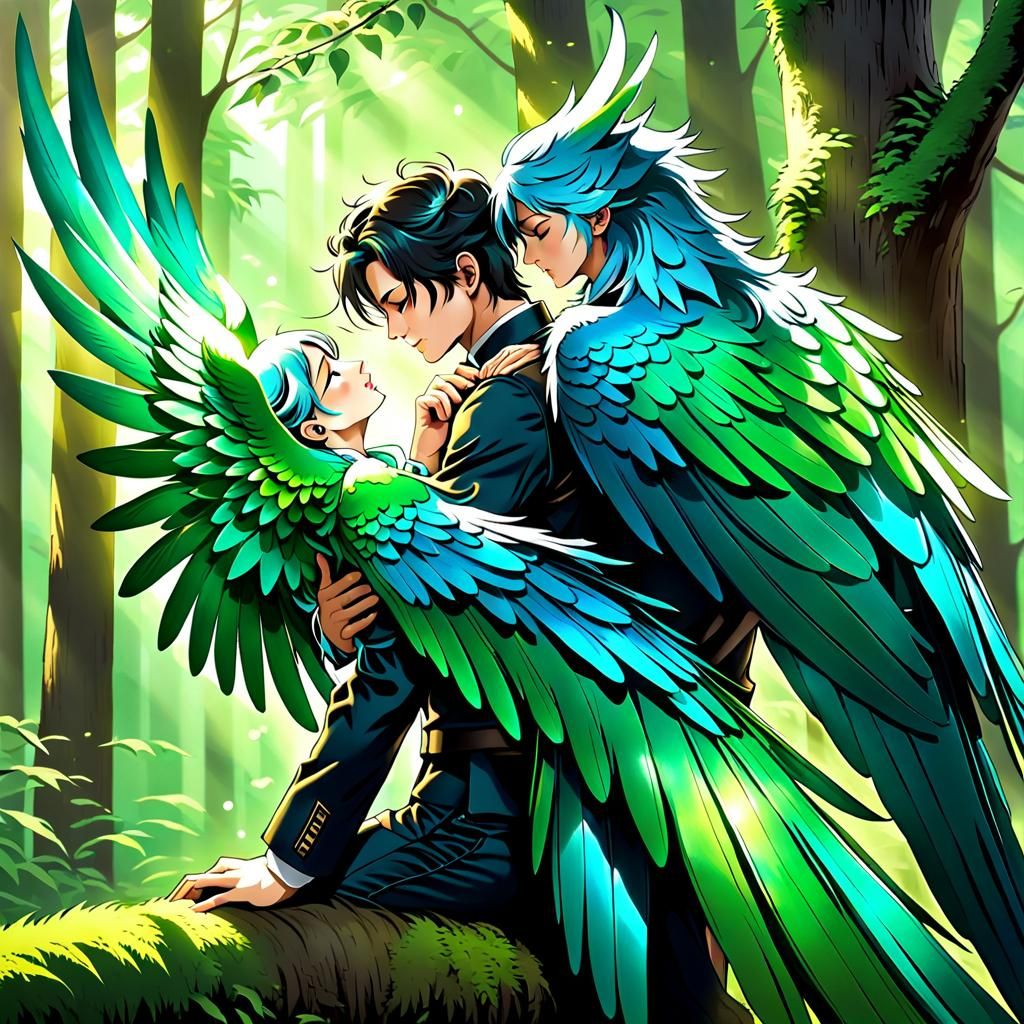 Man Embraces Woman with Iridescent Green Wings