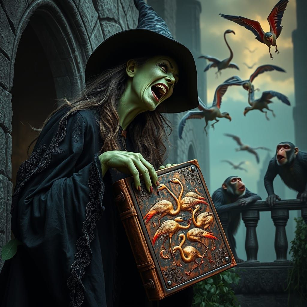 Gnarled Witch Sits Amid Dark Magic and Ancient Tomes in Cybe...