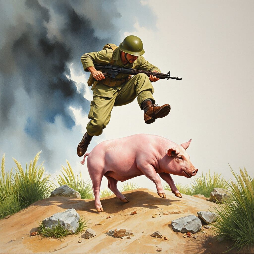 WWI Soldier Jumps Pig in Gouache Watercolor