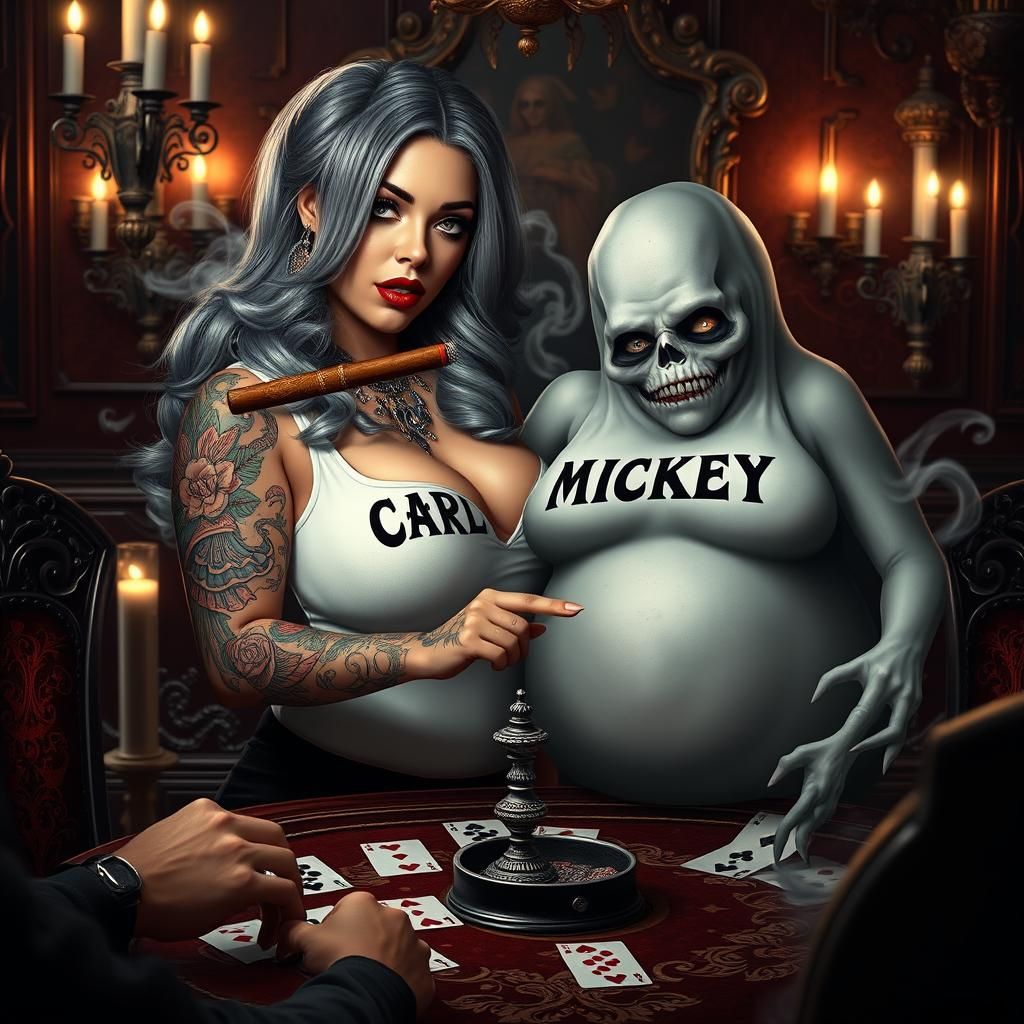 Curvy Woman Playing Cards with Ghost