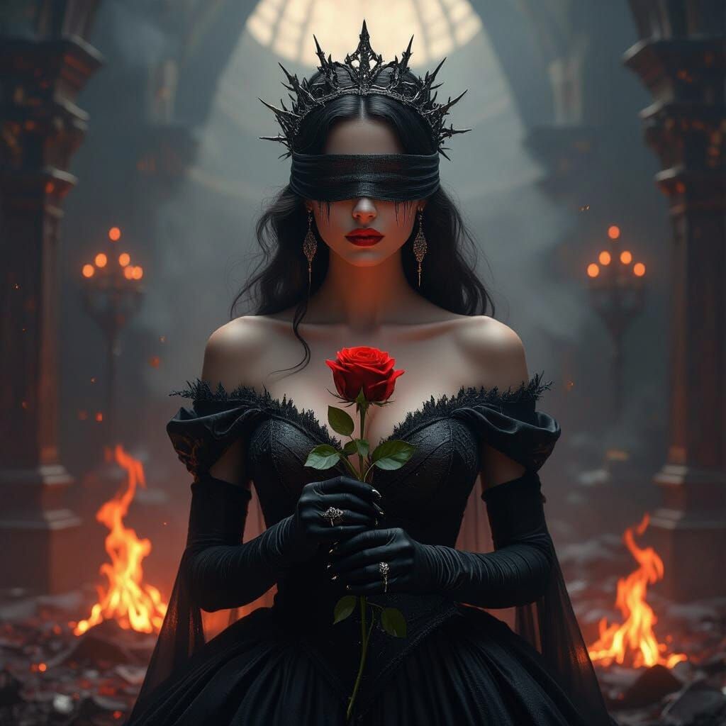 Stitched Queen in Smoldering Ballroom with Rose