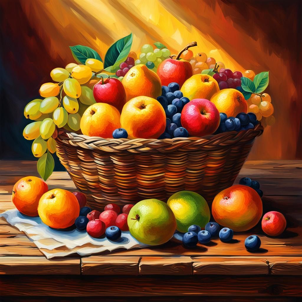 Hyperrealistic Fruit Basket Still Life in Oil Painting Style