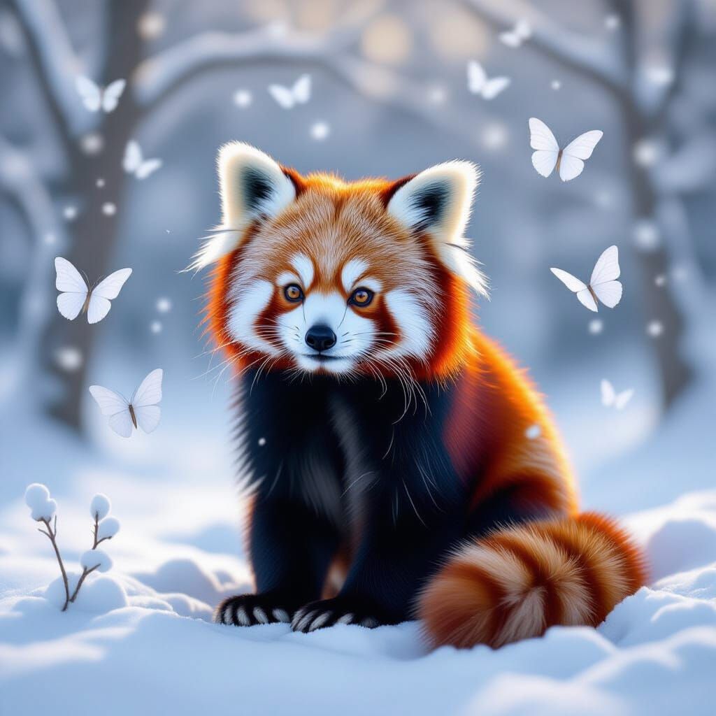 Red Panda With Butterflies in Snowy Winter Landscape