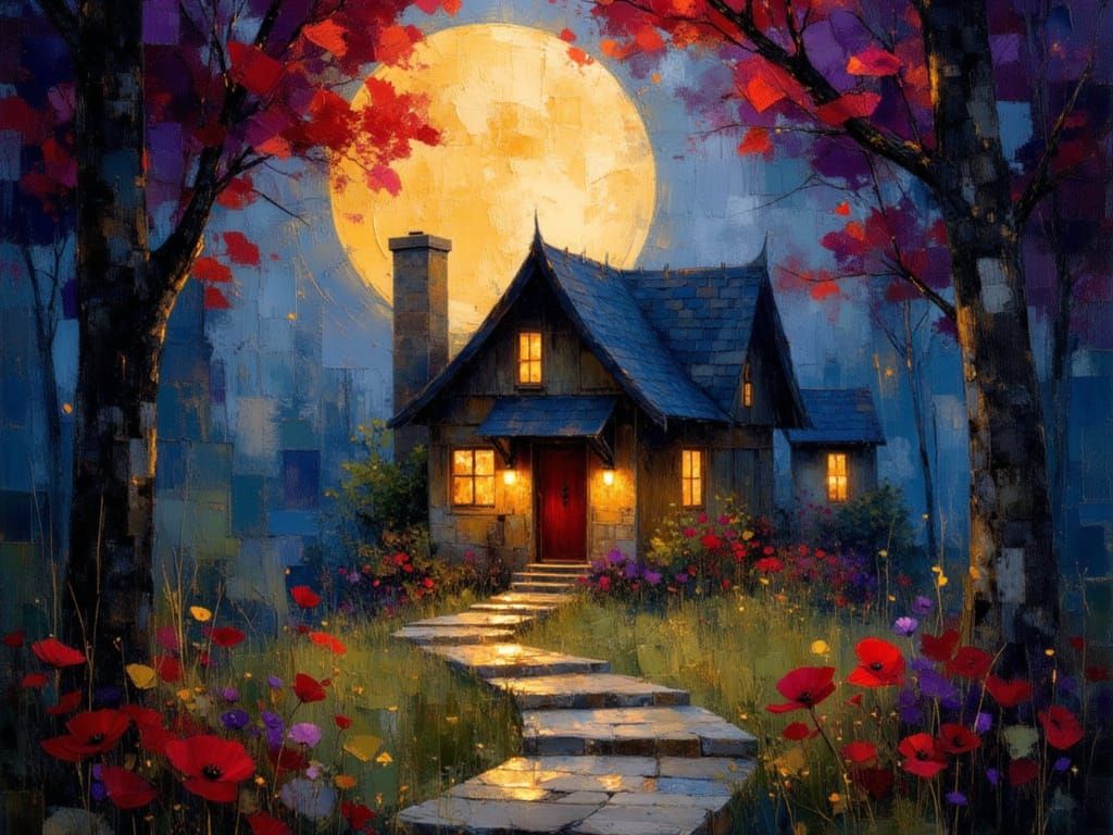 Enchanted Cottage Under a Gigantic Moon