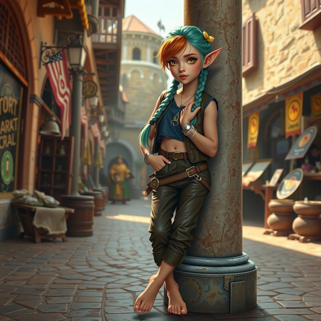 Fantasy Half-Elf Rogue in Medieval Market Square