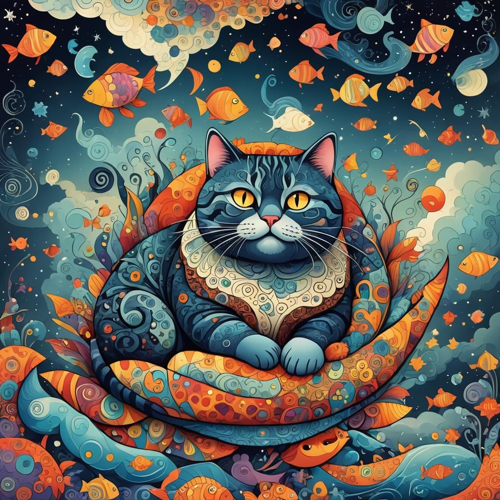 Chonky Cat Dreams of Fish in Whimsical Style