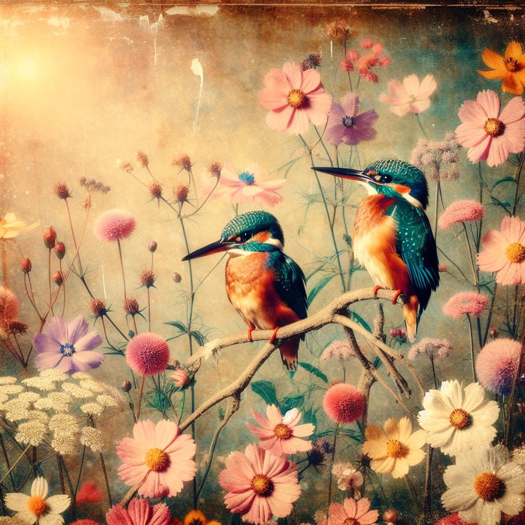 Vintage Wildflower Scene with Kingfishers in Grunge Aestheti...