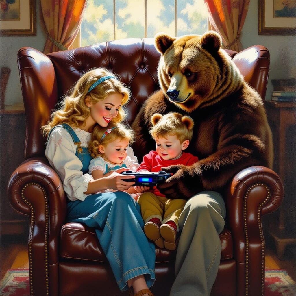 Goldilocks and Bears Play Video Games in Oil Painting