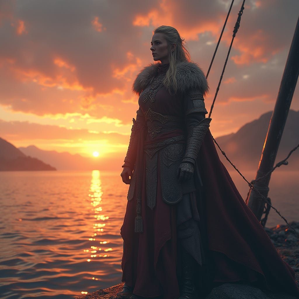 Viking Warrior Queen on Longship at Sunrise