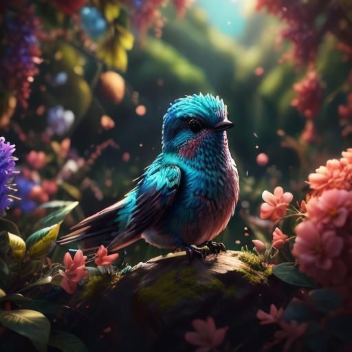 Hyperrealistic Bluebird and Lilac Bush