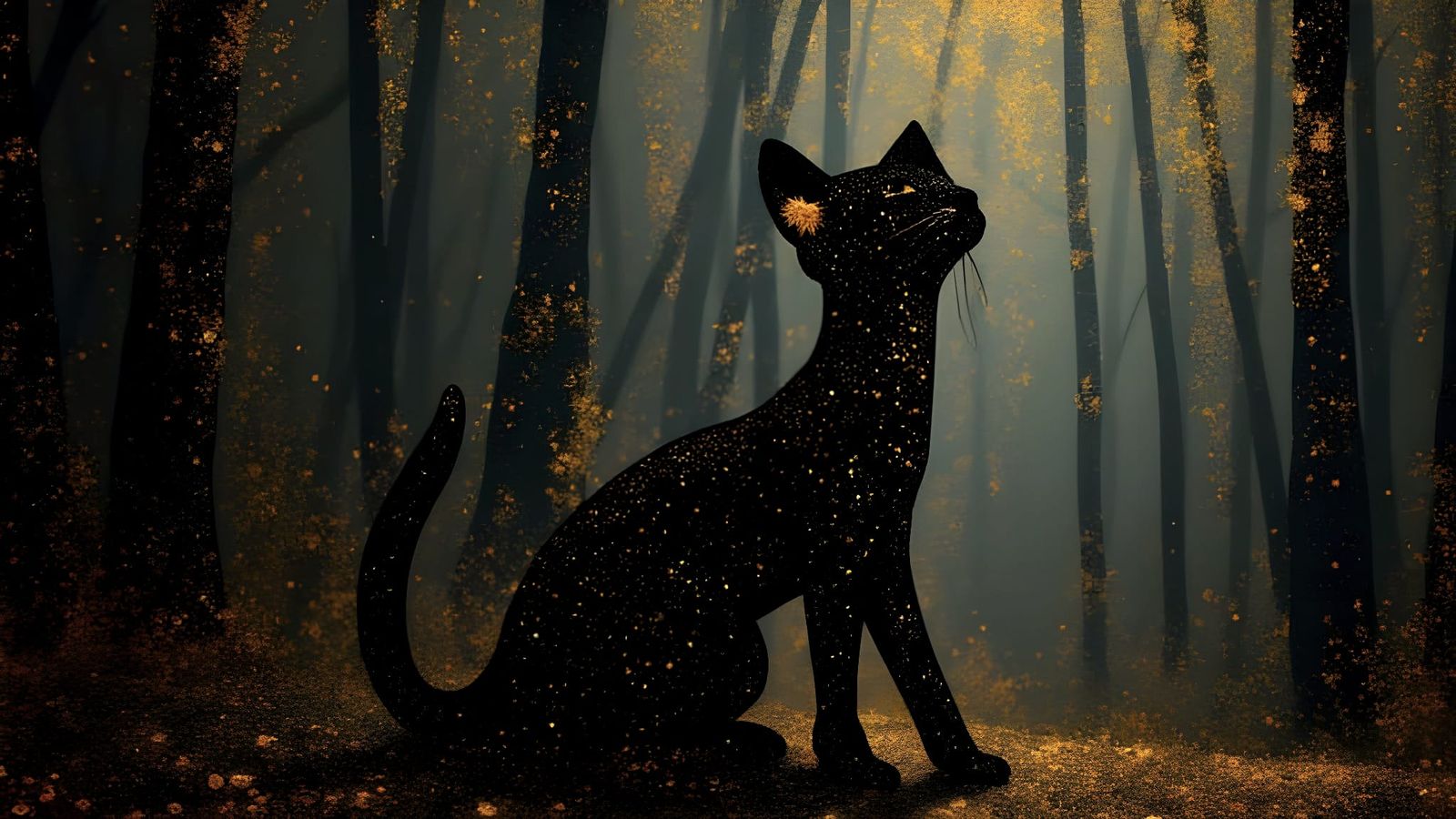 Regal Black Cat with Kintsugi Gold in Dreamy Forest