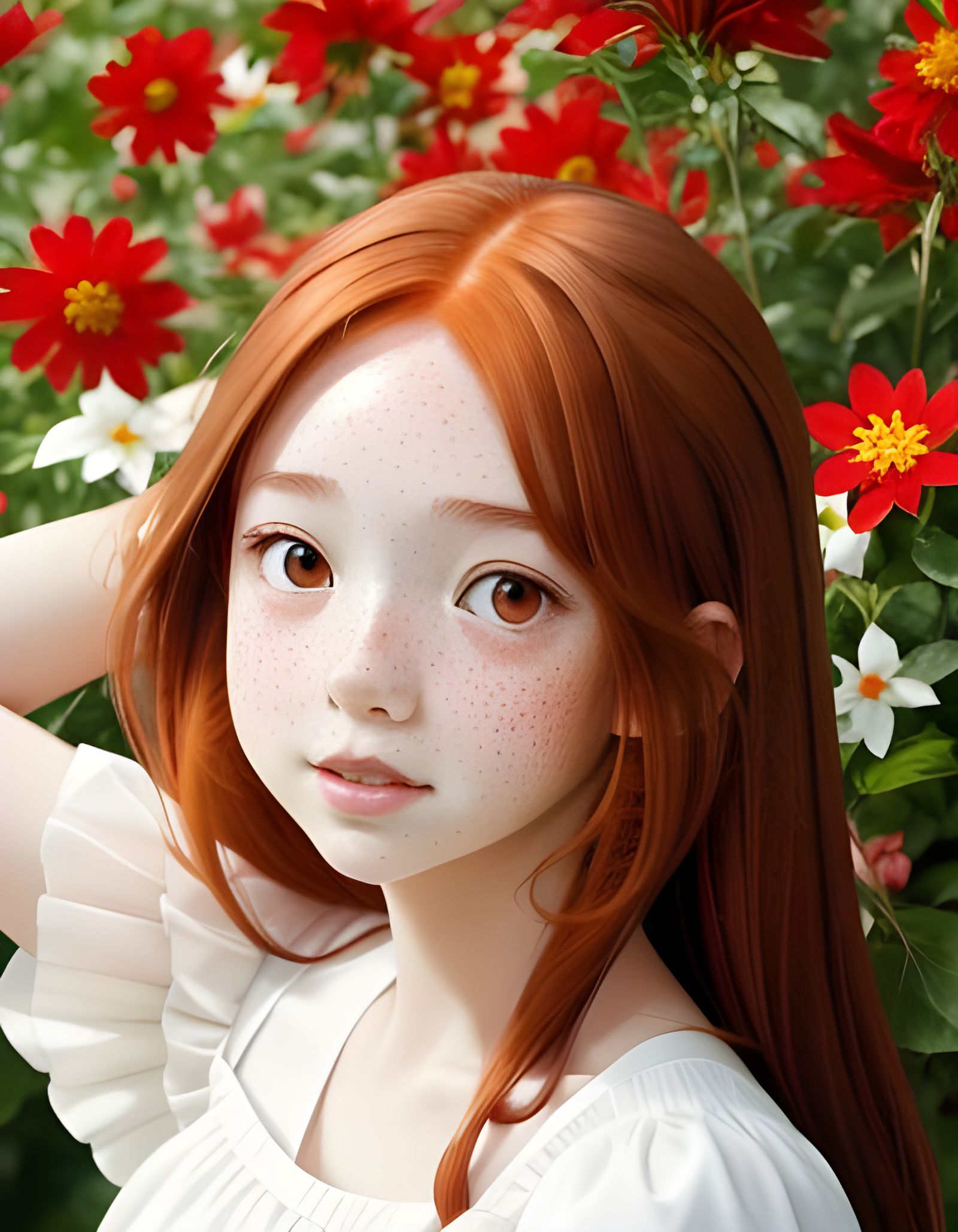 Anime Girl with Red Flowers, Ghibli Style