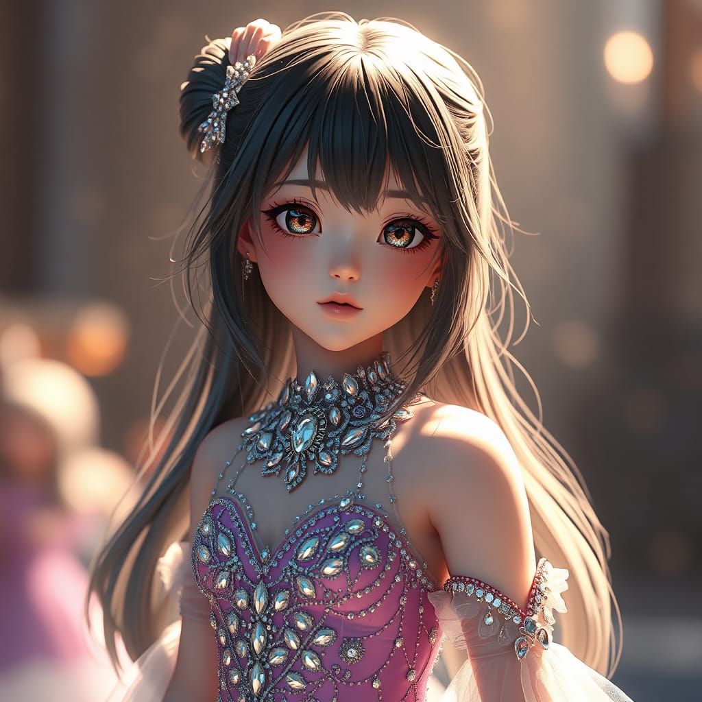 Anime Style Girl in Bejeweled Dress, 3D Render