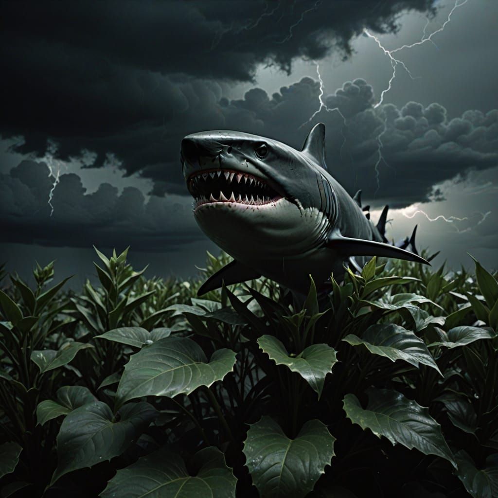 Surreal Plant with Shark Head and Teeth Amidst Stormy Skies