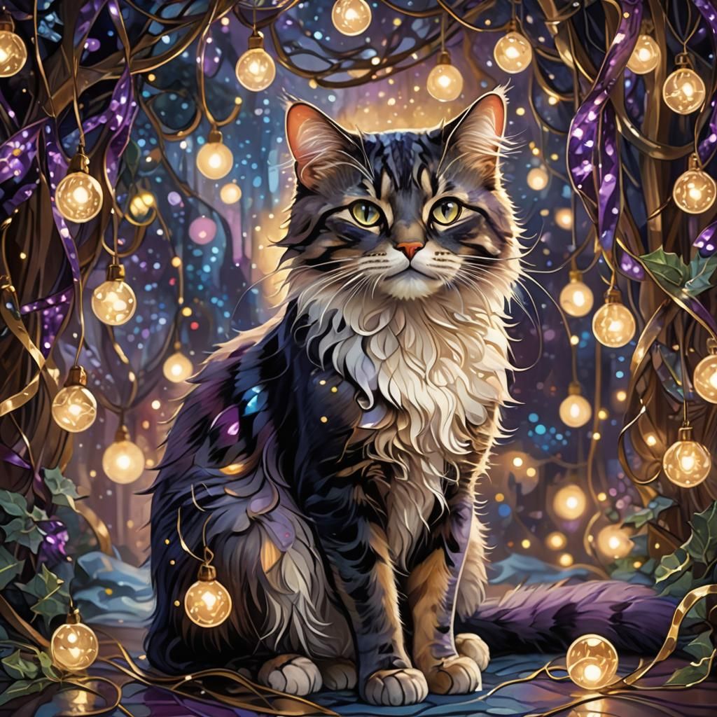 Mystical Christmas Cat in Art Nouveau Style