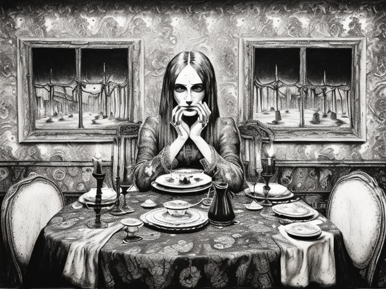 Nightmarish Dining Room with Emotionless Girl, Detailed Draw...