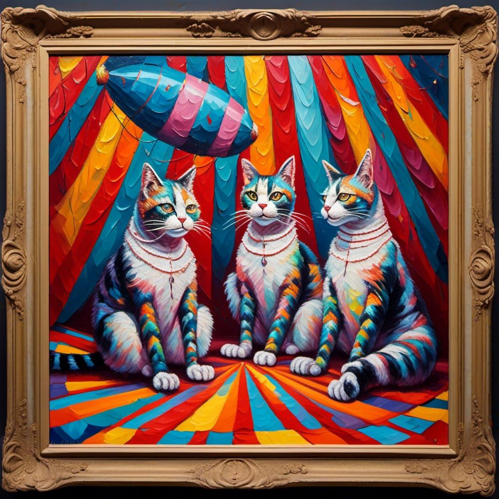 Anthropomorphic Circus Cats in Neo-Impressionist Oil Paintin...