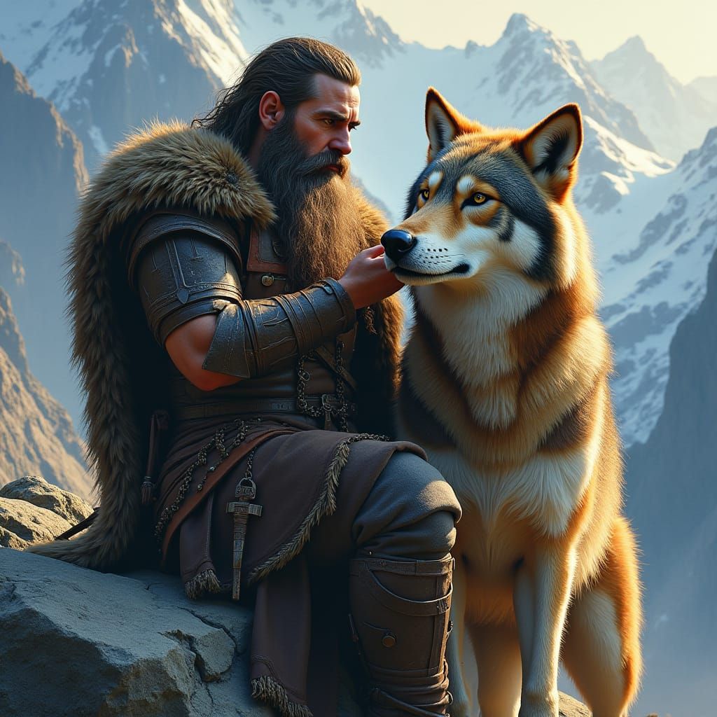 Celtic Barbarian and Wolf in Hyperrealistic Landscape