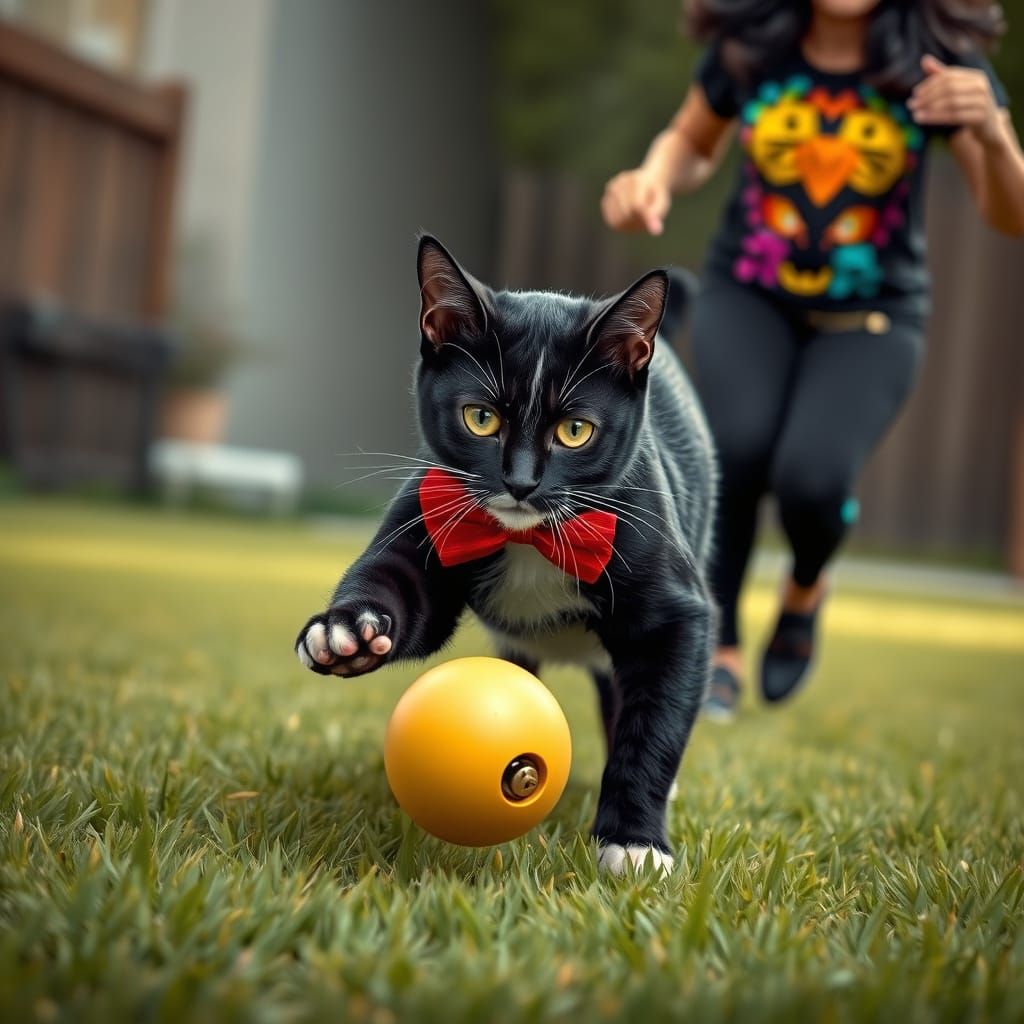 Hyperrealistic Tuxedo Cat Chasing Bell Ball