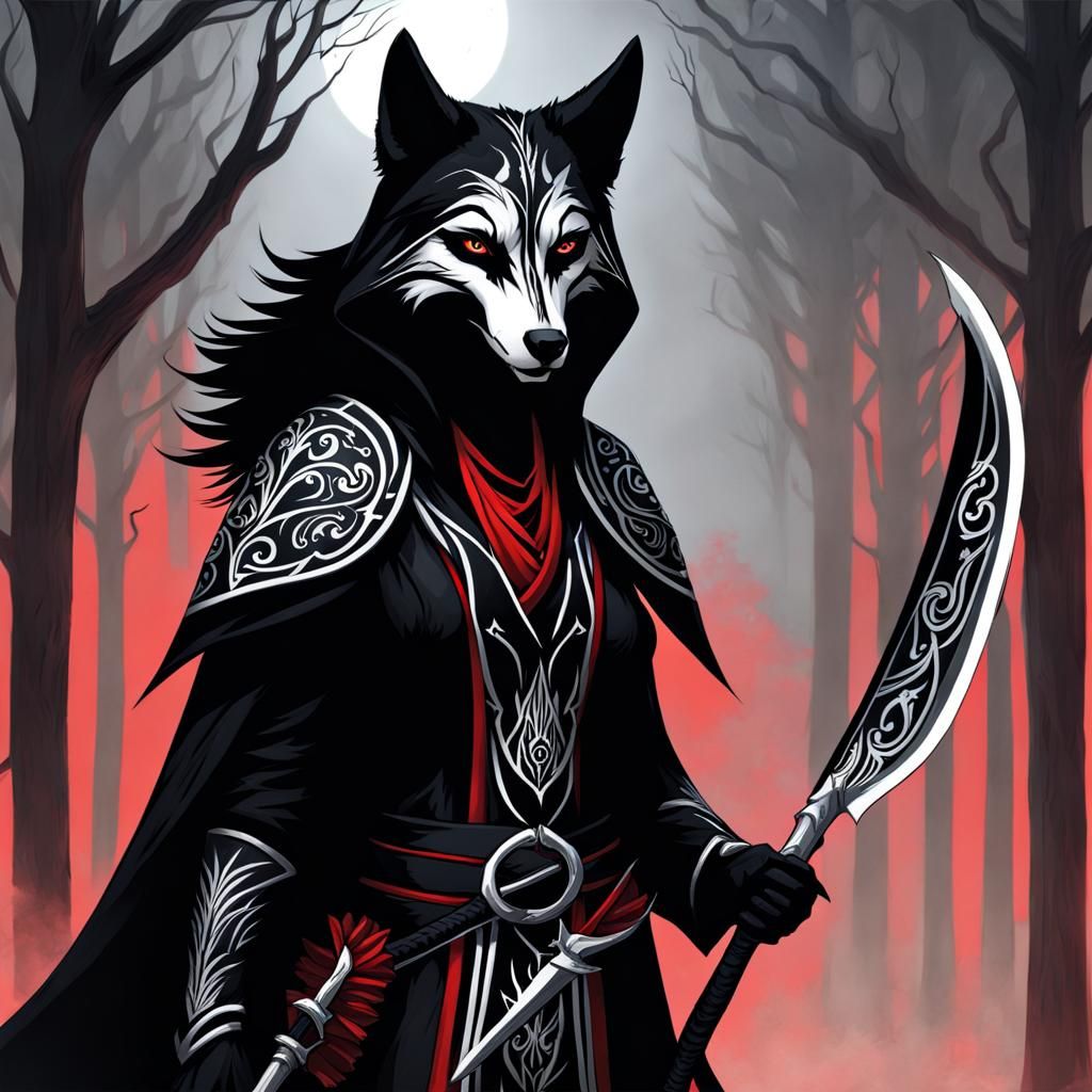 Anthro Wolf Reaper in Black Robes with Scythe