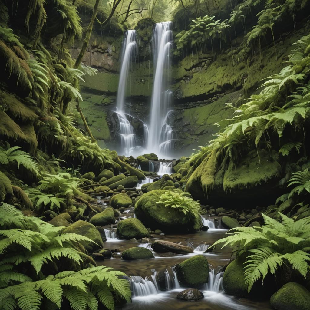 Majestic Waterfall in Lush Forest: Long Exposure