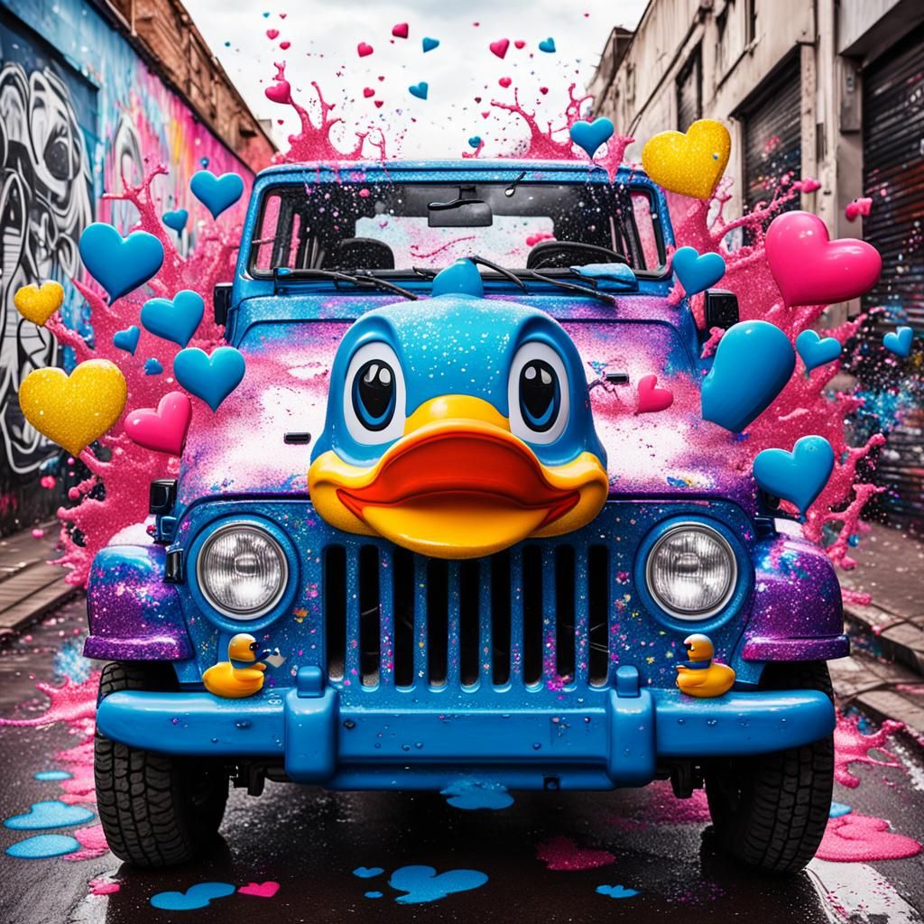 Graffiti Duck with Jeep and Glitter Hearts