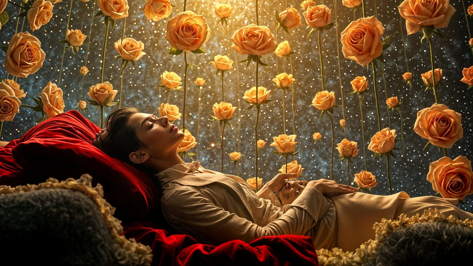 Androgynous Figure on Velvet Bed in Galactic Rose Sky