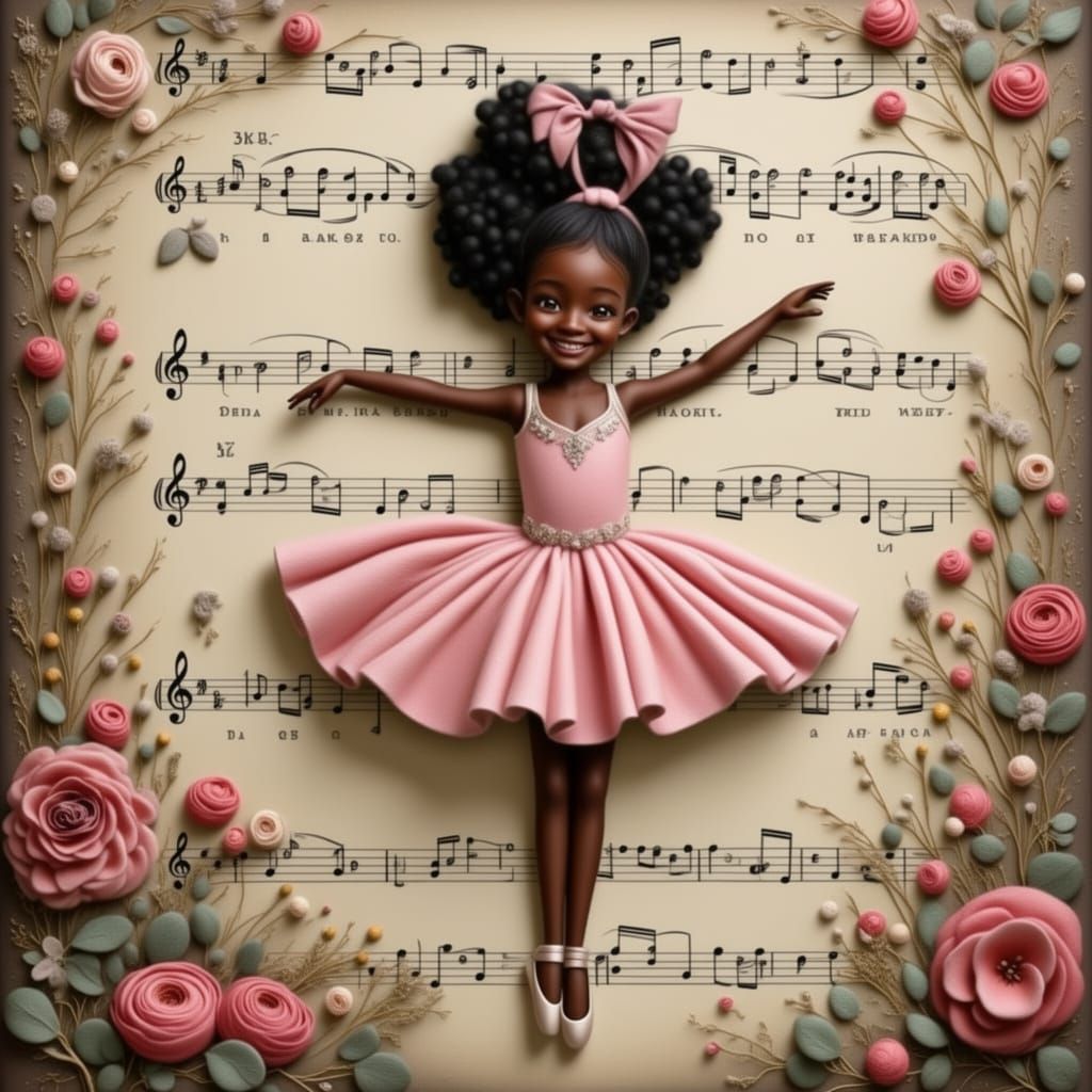 Toddler Ballerina Dancing on Music Sheet in Funk Art Style