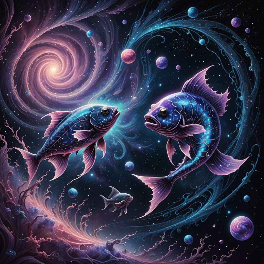 Surreal Cosmic Scene of Swirling Fish in Vibrant Starry Nigh...