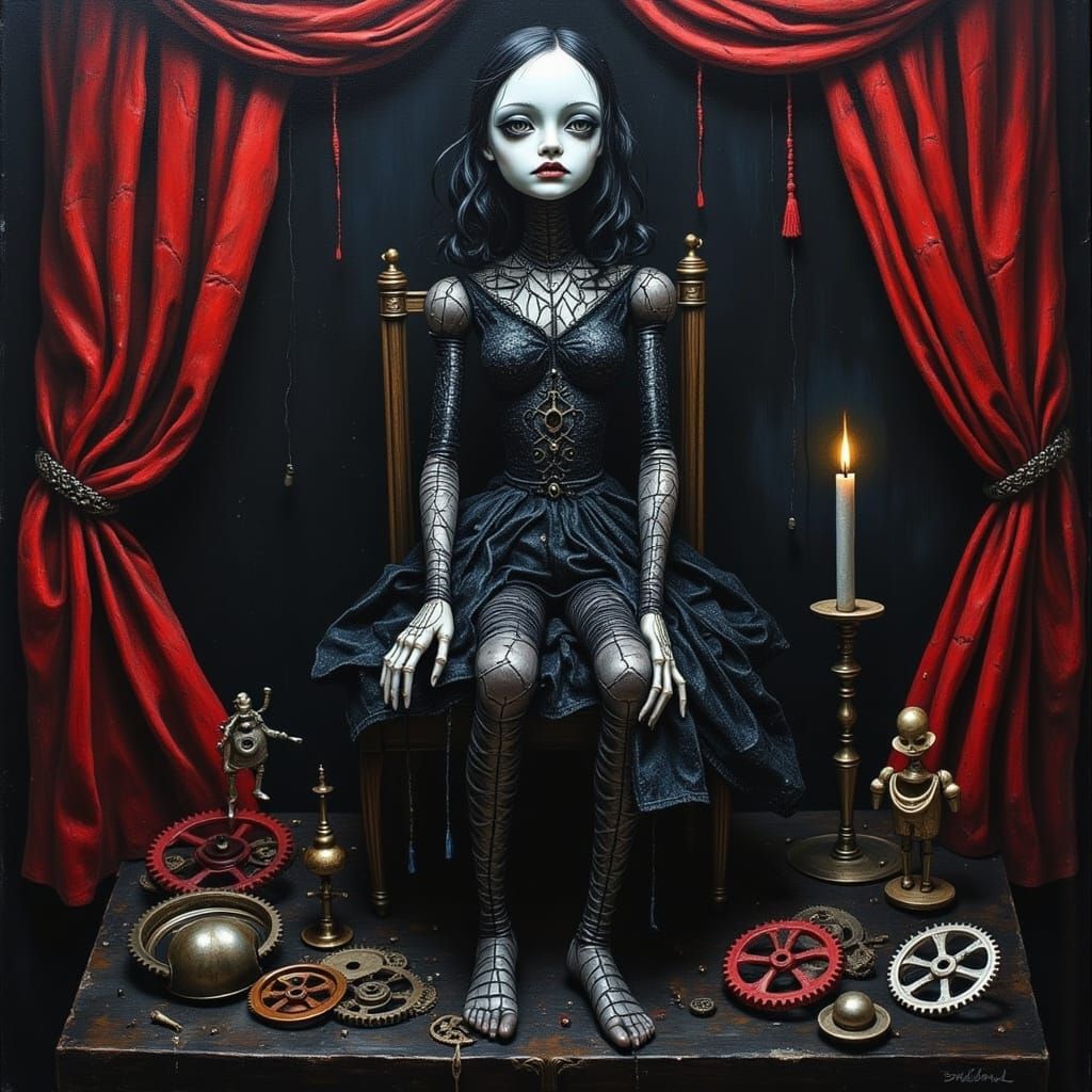 Gothic Marionette with Cracked Porcelain Skin on Black Canva...