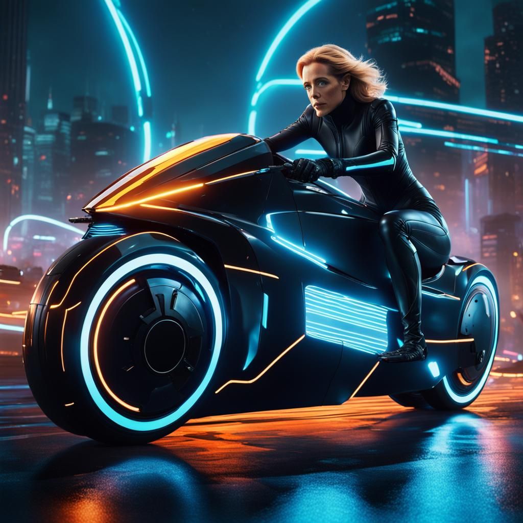 Woman on Light Cycle, Tron-Style Digital Art